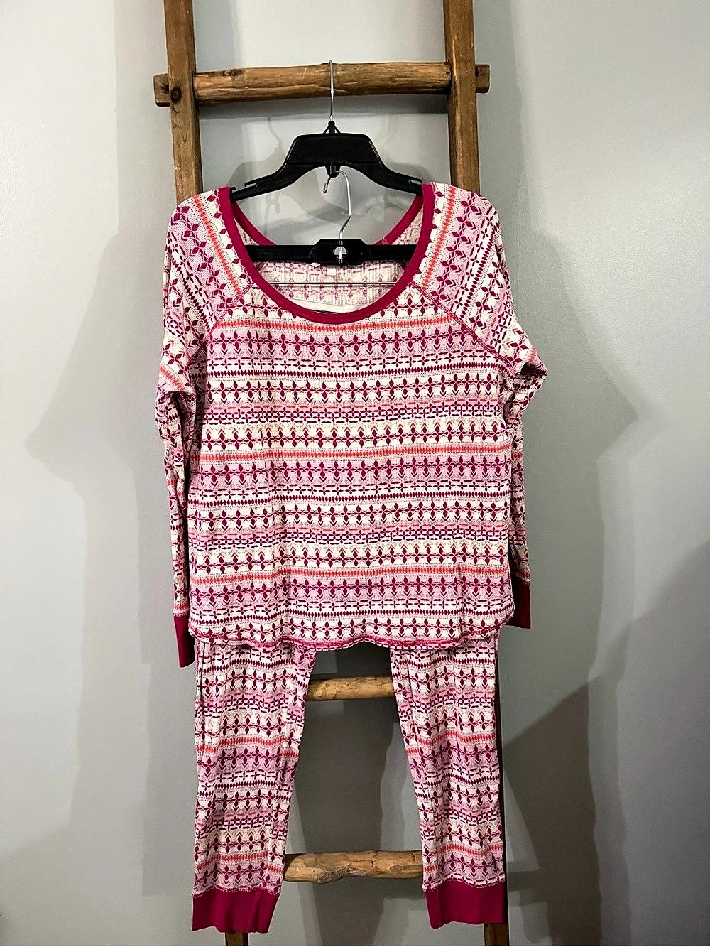 Victoria's Secret Fireside Thermal Long Jane Pajama Set Pink & White XL